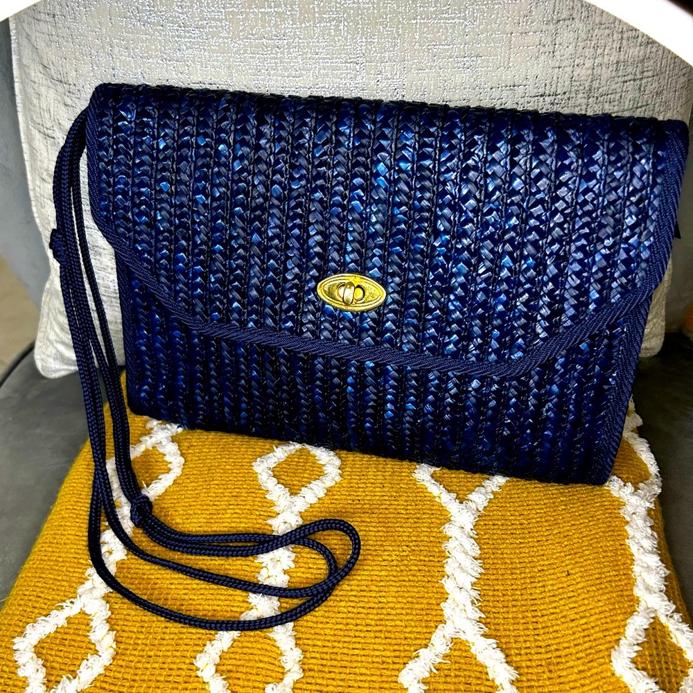 Vintage Blue Straw Woven Crossbody Handbag